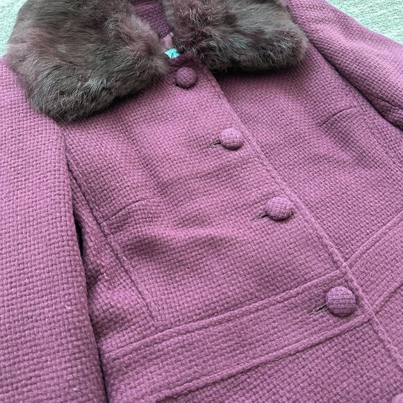 Marciano Wine Pea Coat with Rabbit Fur Collar - Picture 3 of 4